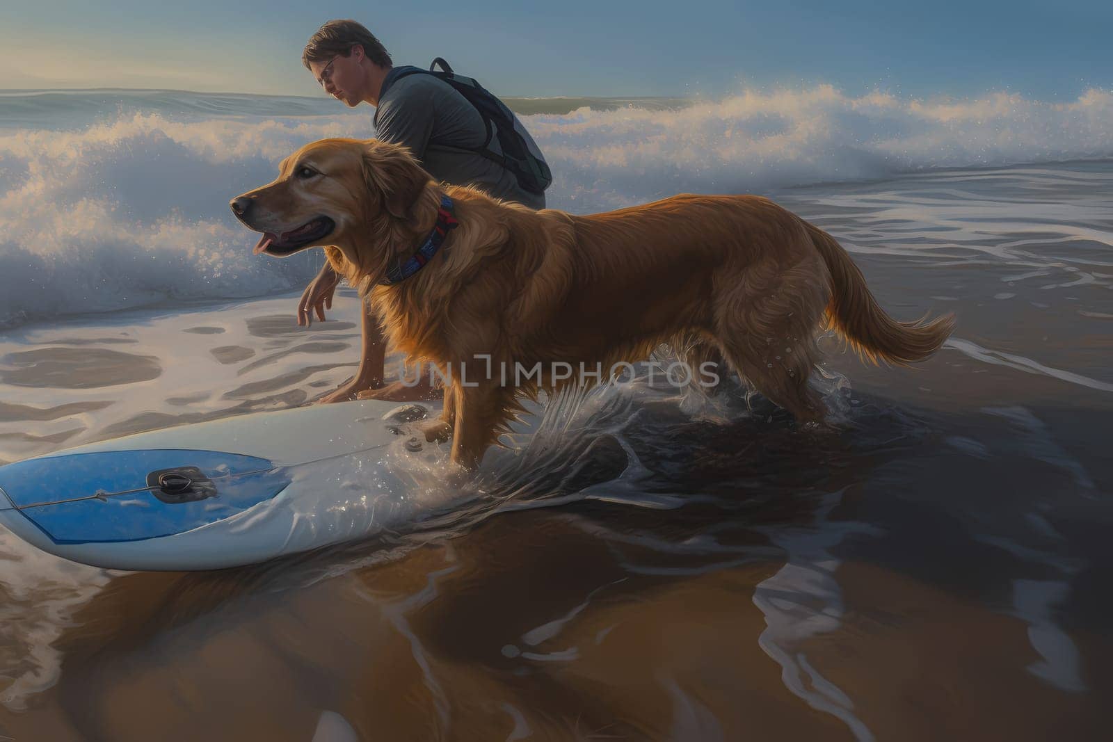 The retriever is balancing on the surfboard alongside its owner, barking happily at the waves.