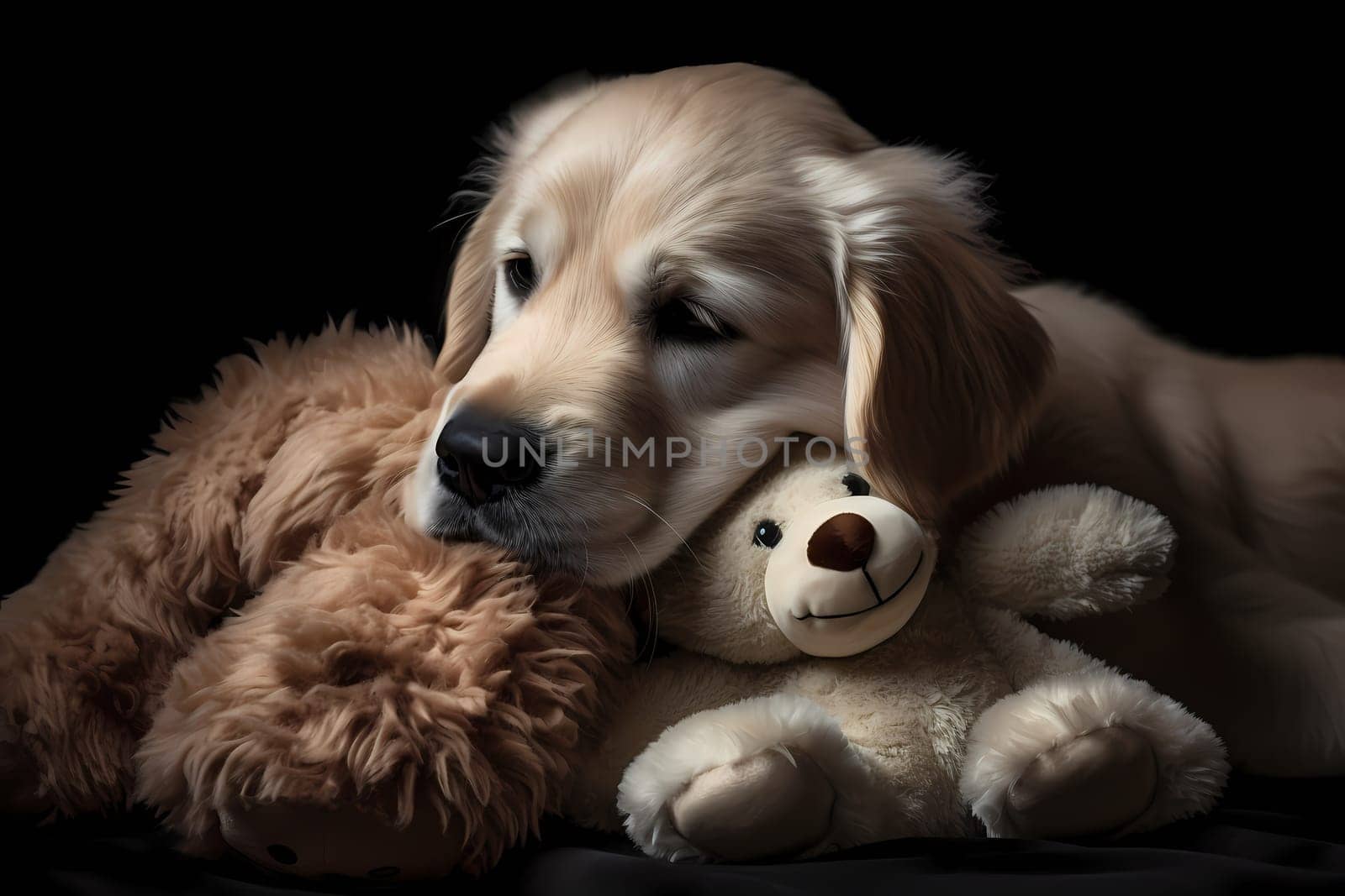 This golden fluffball is snuggled up with its stuffy, looking peaceful and content.