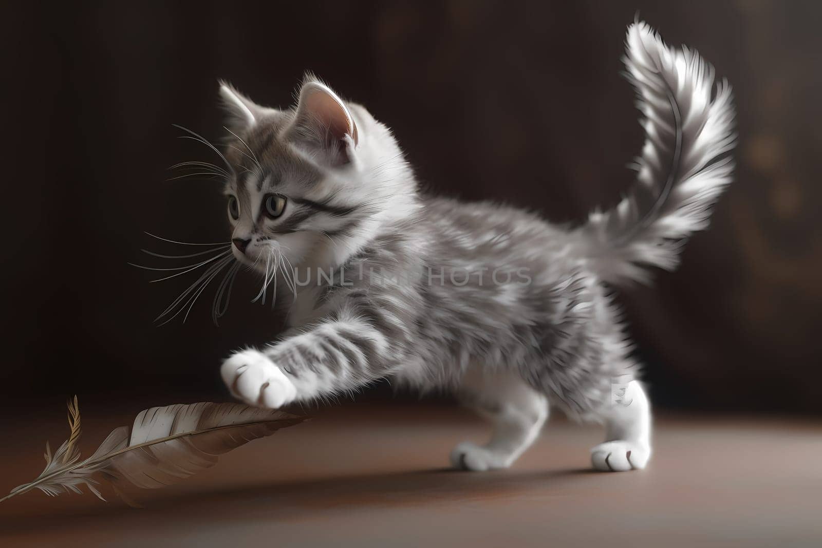 The kitten is pouncing and leaping after the feather toy, showing off its acrobatic skills.