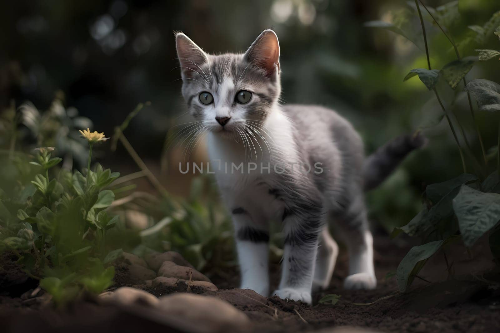 This curious kitten is having a blast running around and discovering all the different plants and flowers in the garden.