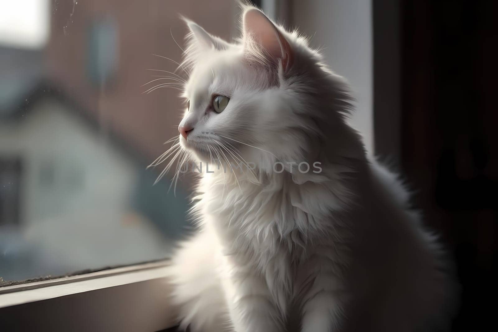 The soft and fluffy white kitten is relaxing on a windowsill, gazing out at the world with curiosity and wonder.