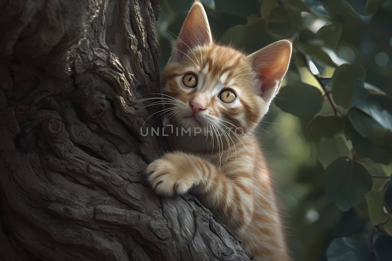 The kitten meows for help as it tries to make its way down from the tall branch.