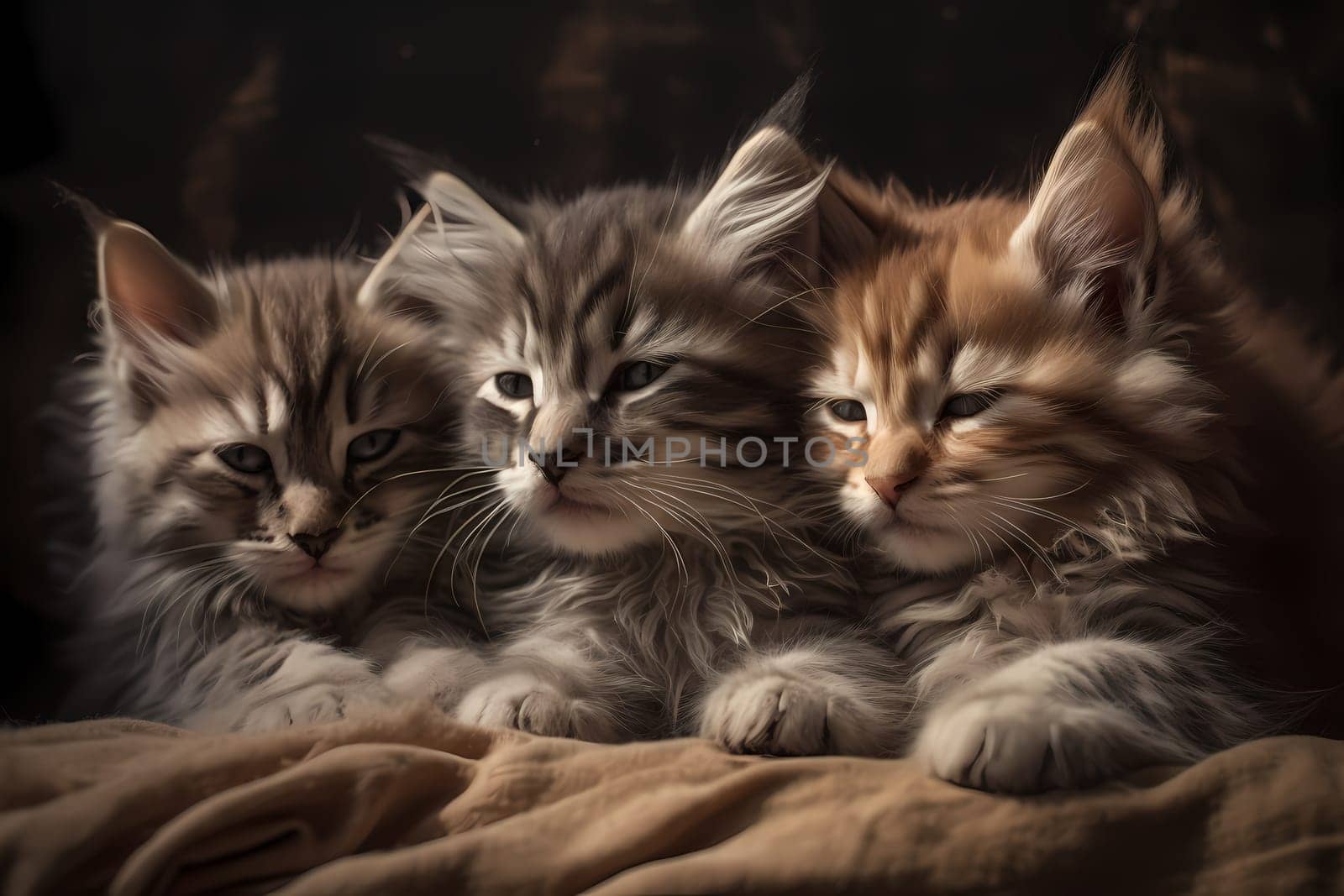 The adorable gang of cats are curled up together, snoozing peacefully in a patch of warm golden light.