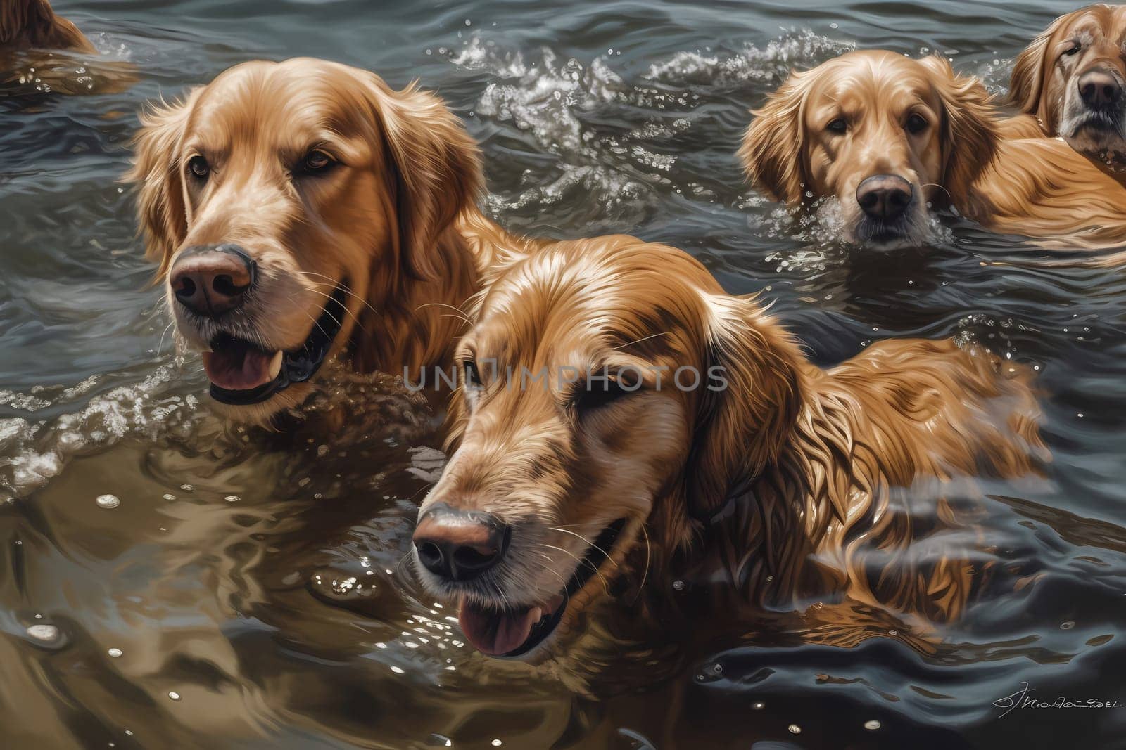 A happy pack of golden retrievers are enjoying the cool water and chasing after each other.