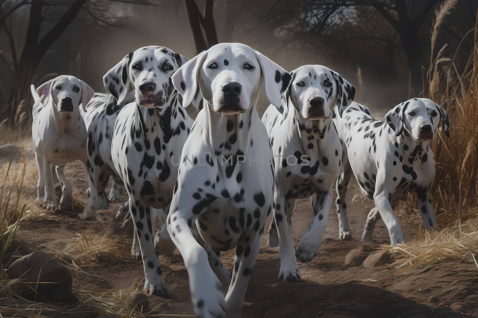 A pack of little dalmatians spinning around trying to catch their tails, wagging their tails as they go.