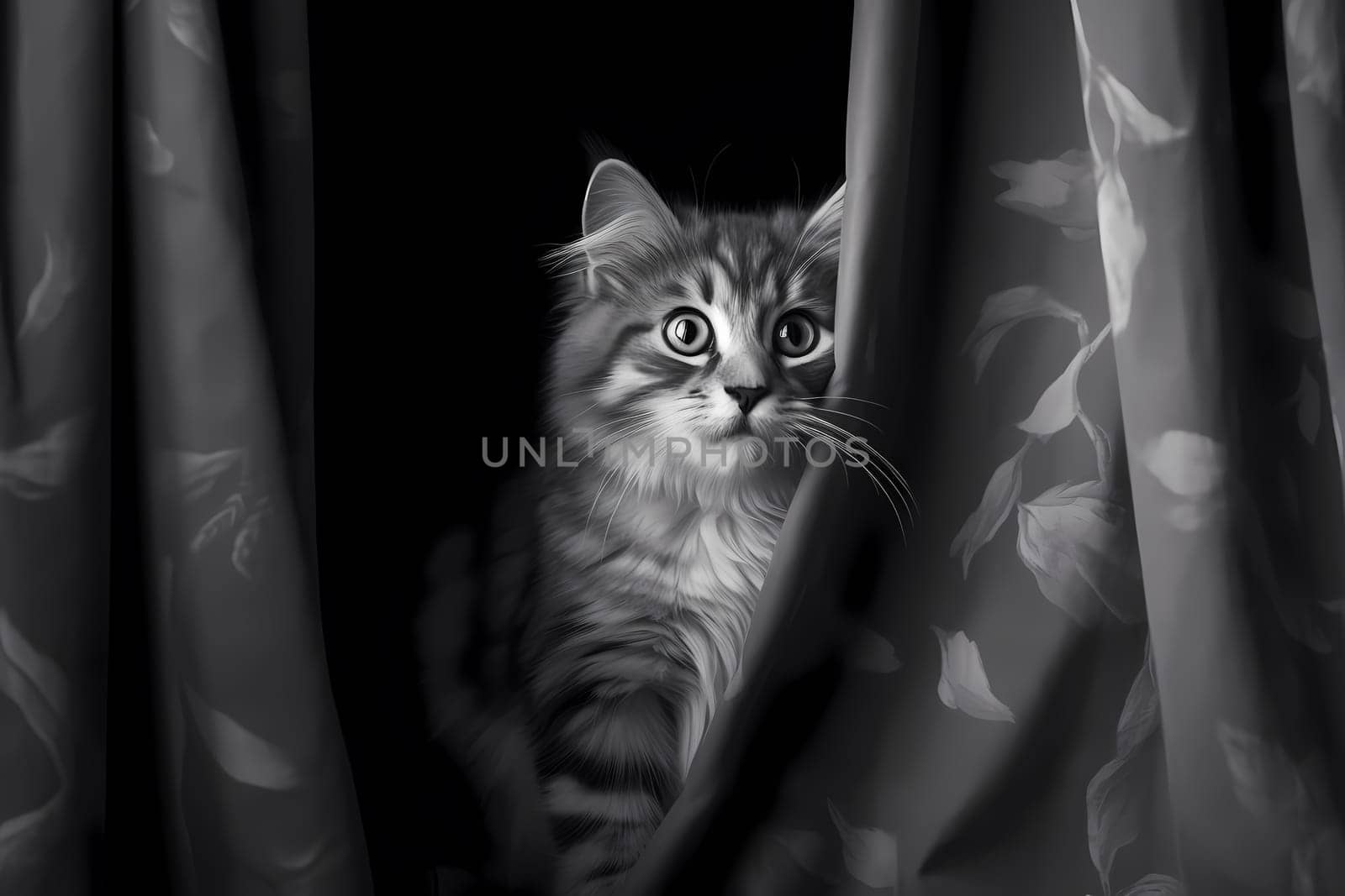 The naughty little kitten is having the time of her life climbing the curtains, her little claws working hard to scale the fabric.