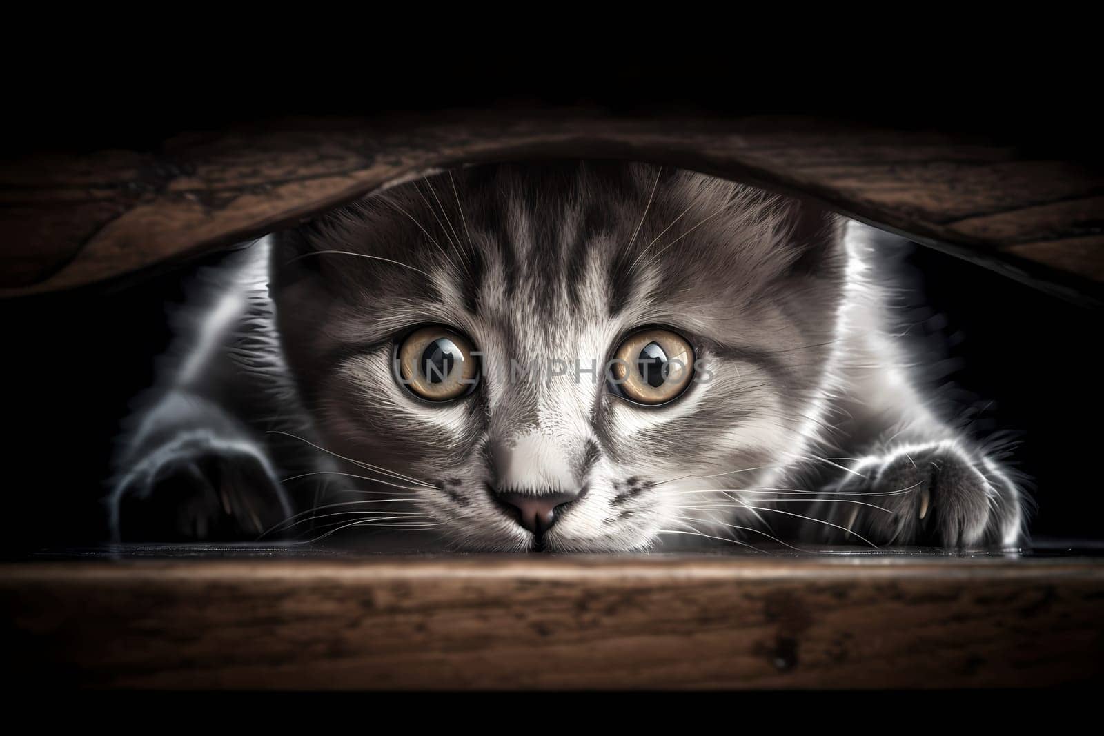 The shy kitten is peeking out curiously from under the table, watching everything that's going on.