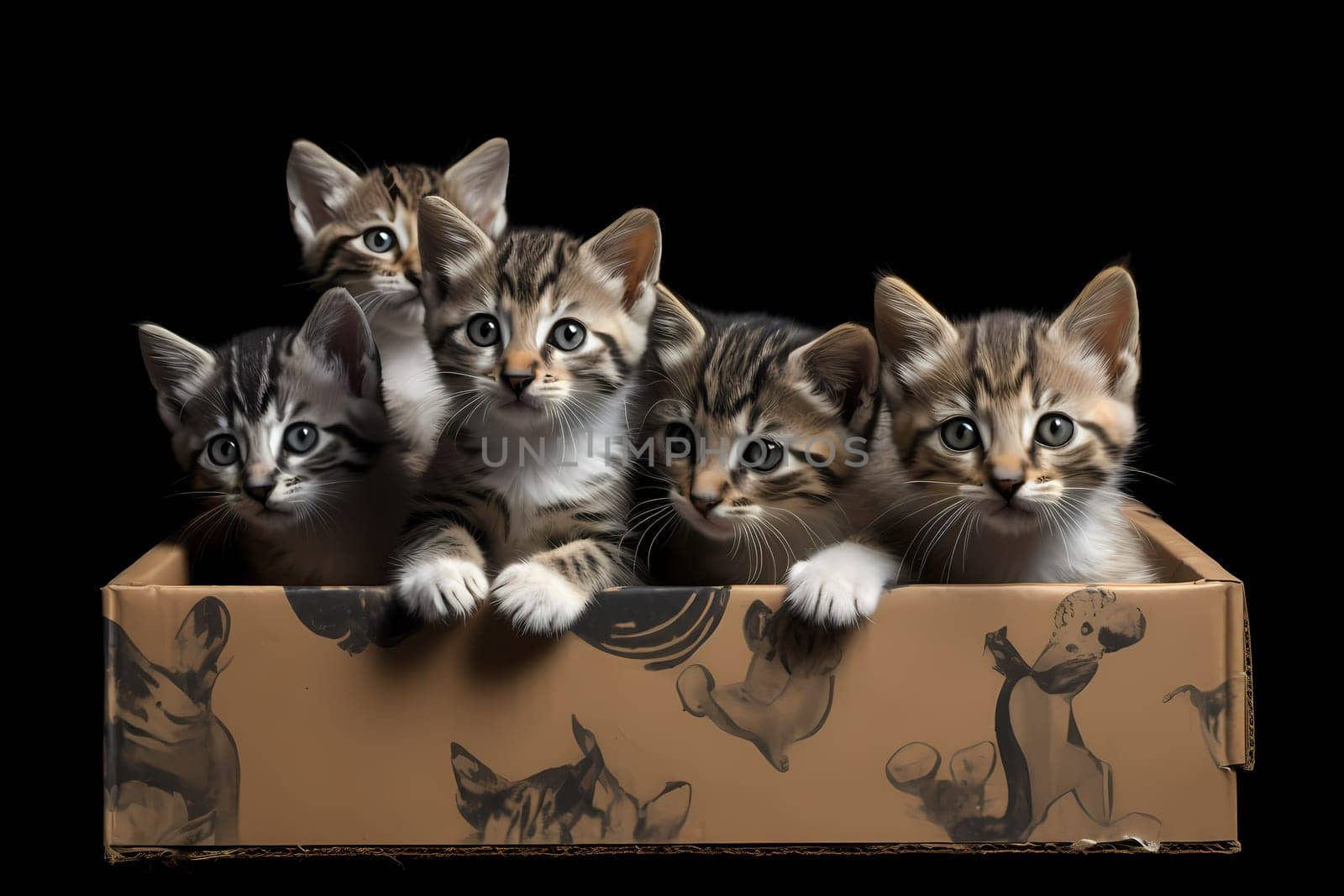 Several playful kittens are investigating every inch of a cardboard box, sticking their little paws and noses into every crevice.
