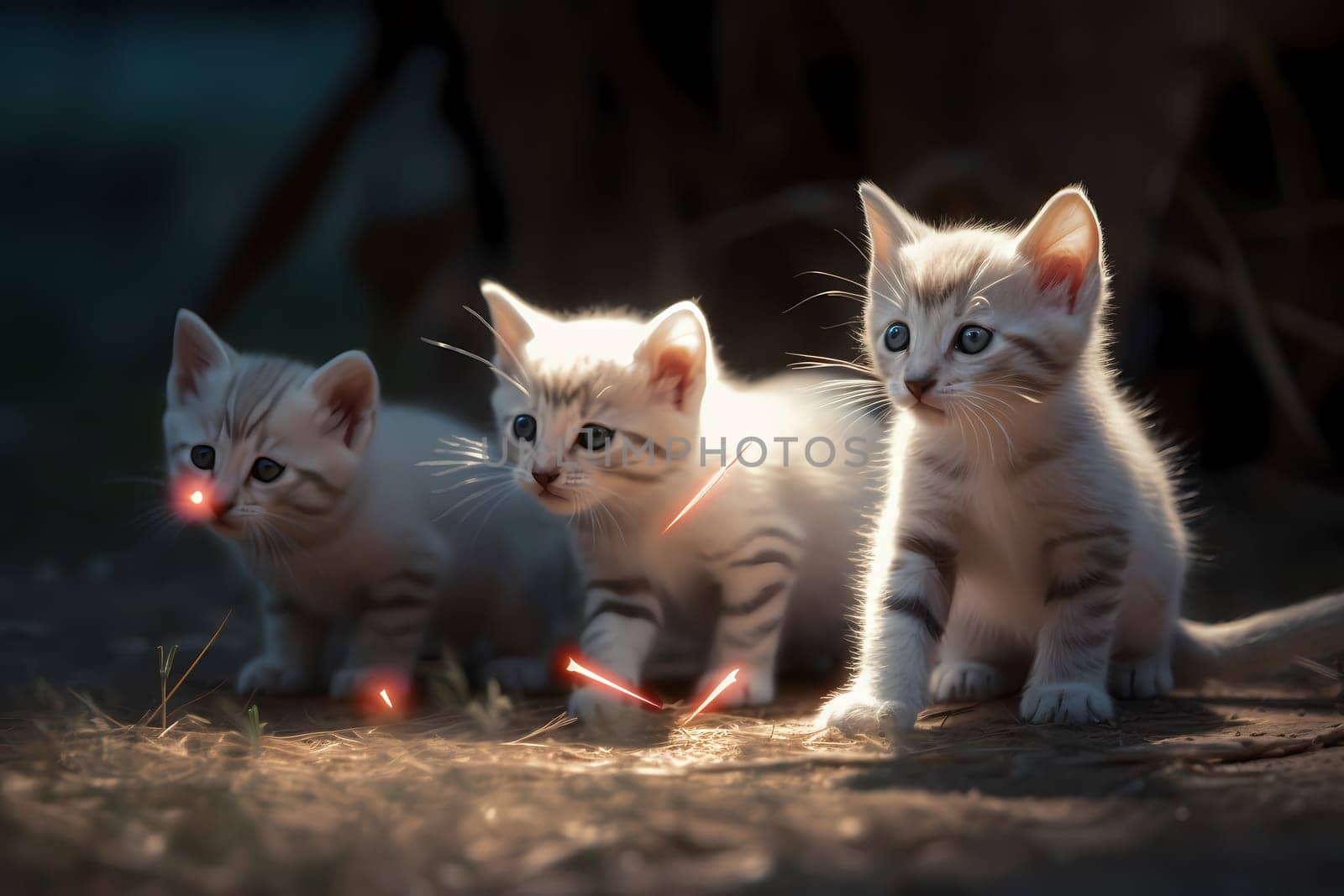 The mischievous kittens pounce and leap as they try to catch the elusive red dot.