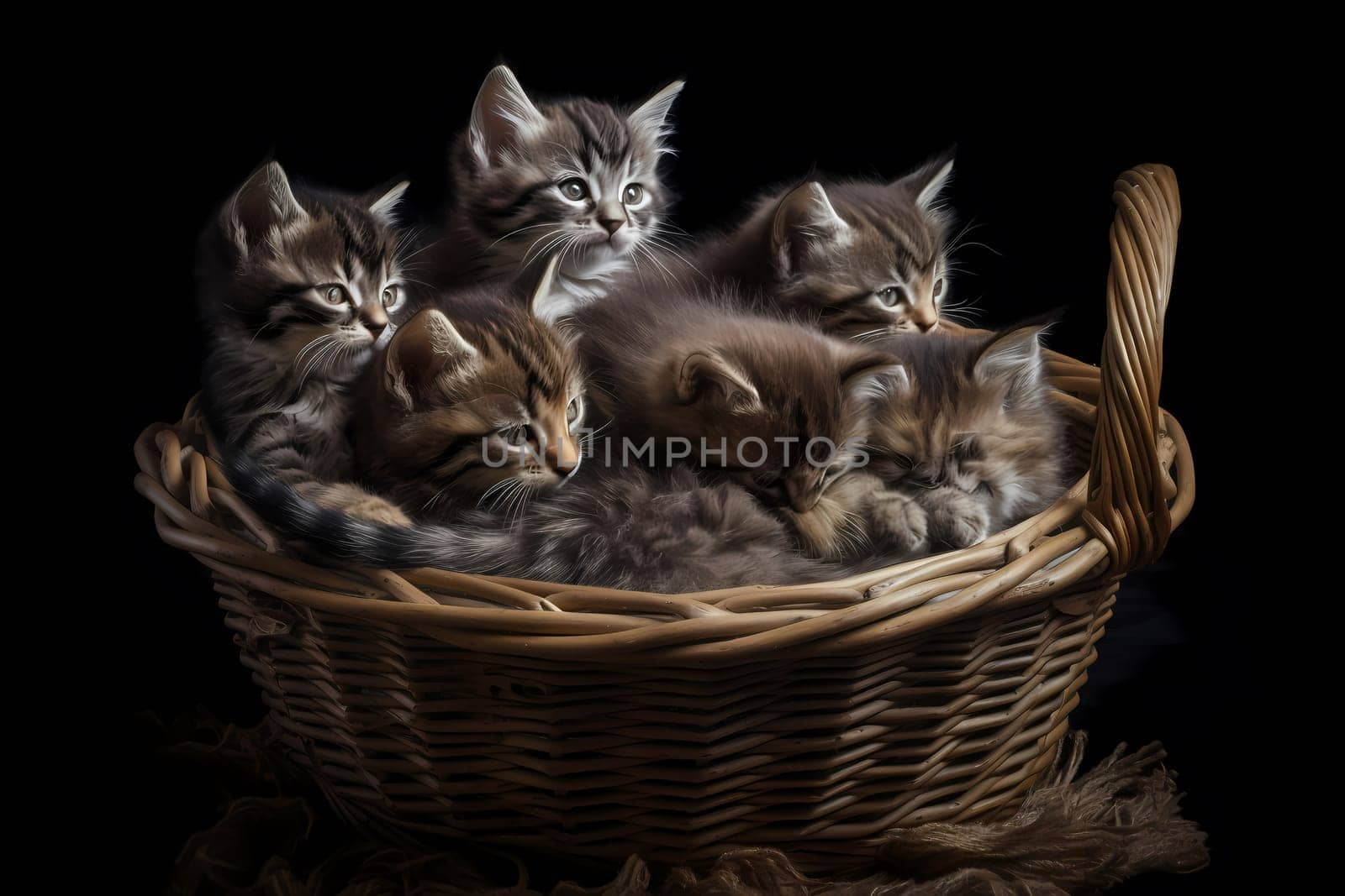 The cozy basket is filled with a group of sleepy kittens, all snuggled up together and purring contentedly.