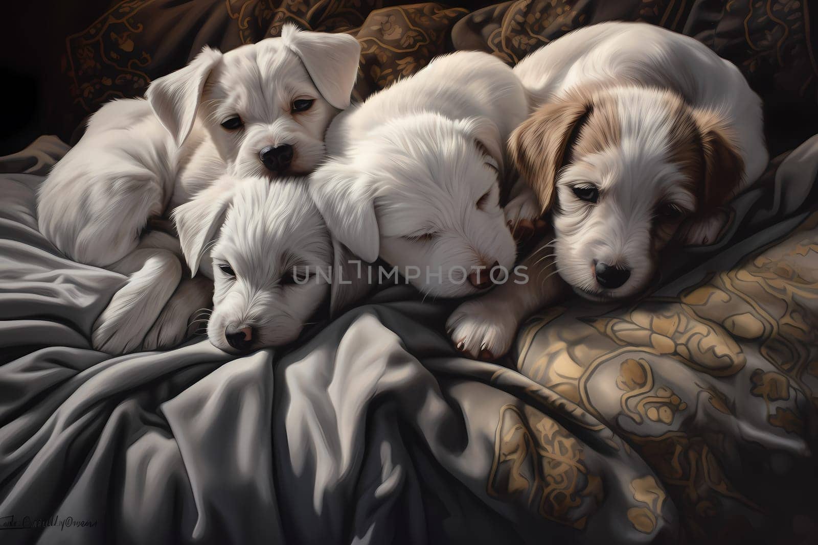A bunch of adorable little puppies are snuggled up in a warm, cozy bed, sleeping peacefully.
