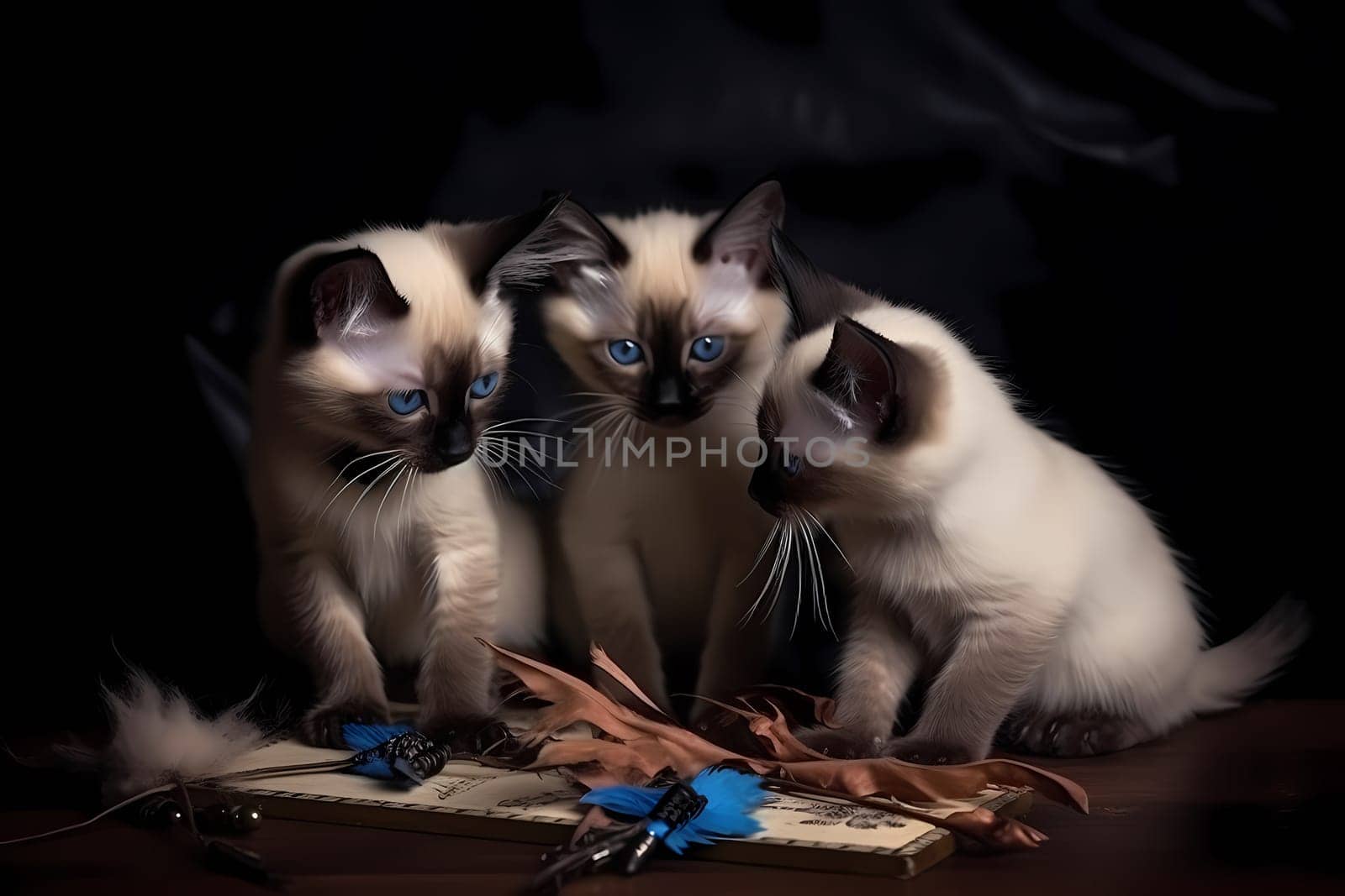 The Siamese kittens are leaping and bounding in the air, trying to catch the feathers on the toy!