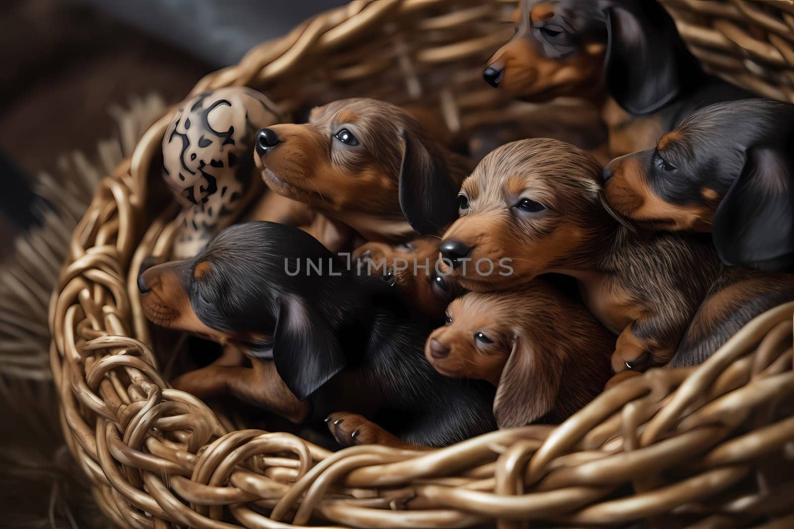 The small hot dog babies are cuddled together in a cozy wicker basket, snoozing with their eyes closed.