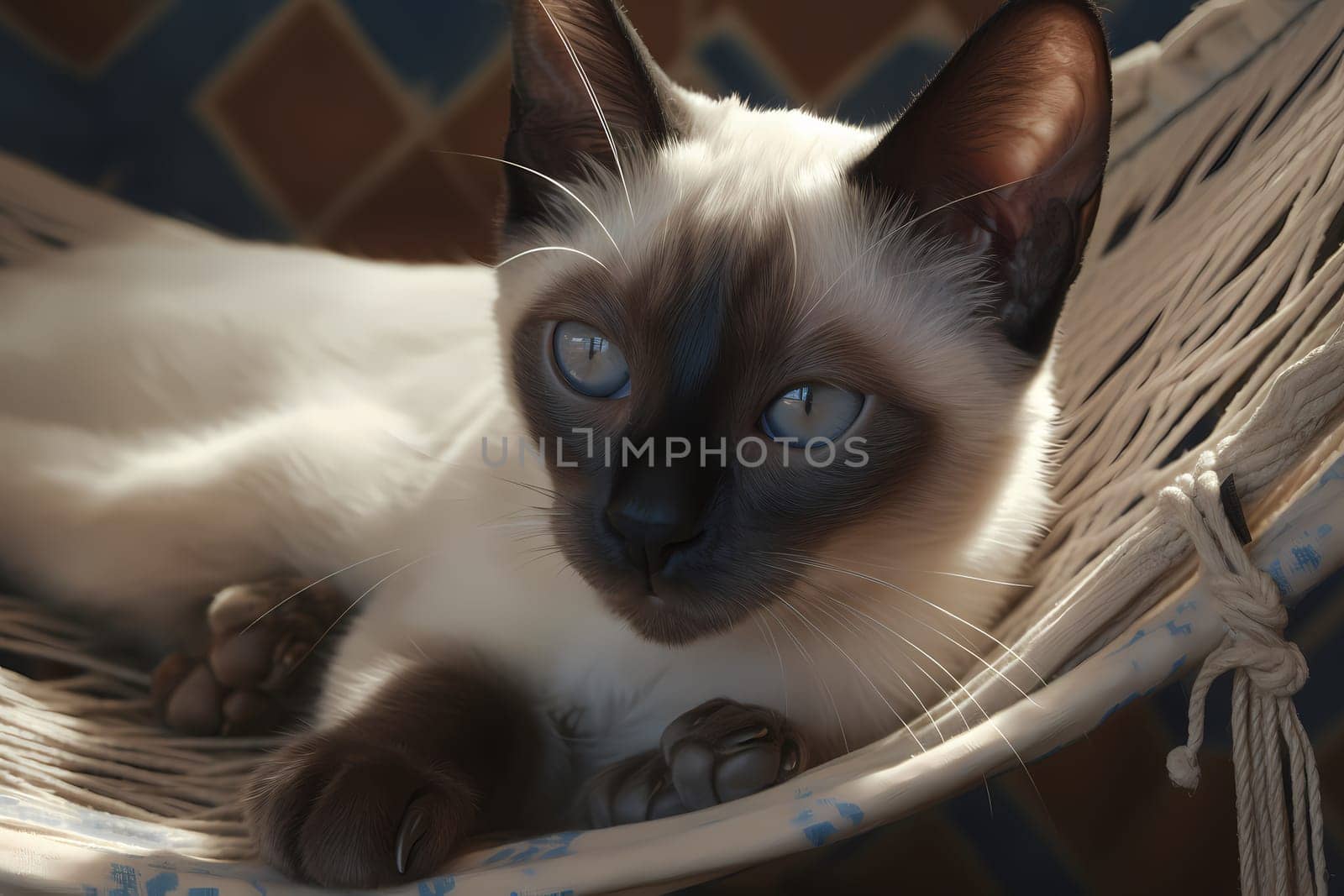 The Siamese kitten relaxes comfortably in the hammock, eyes half-closed and purring contentedly.
