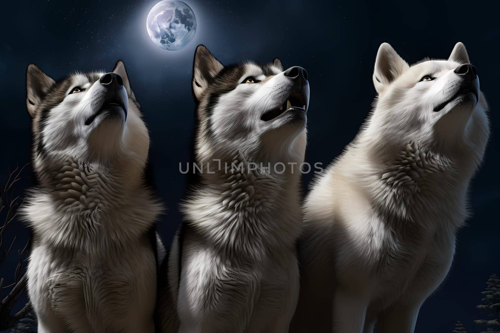 The huskies lift their heads and let out a soulful chorus, their voices echoing in the stillness of the night.