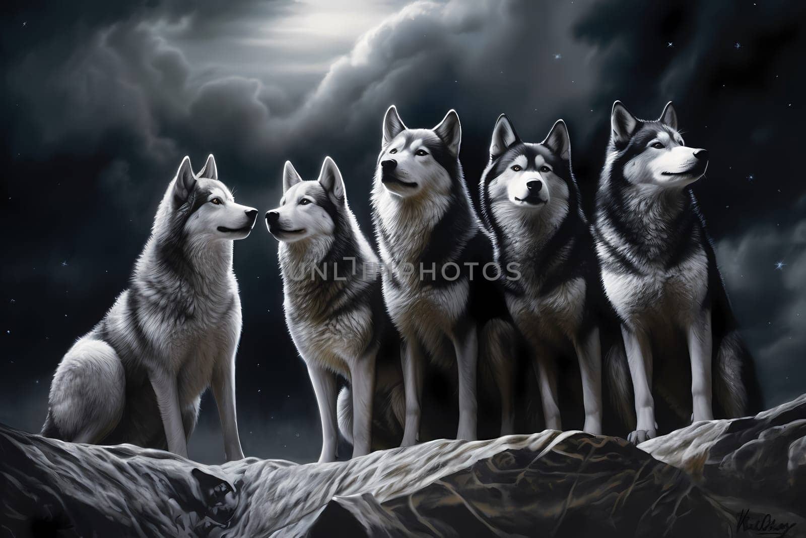 The huskies lift their heads and let out a soulful chorus, their voices echoing in the stillness of the night.