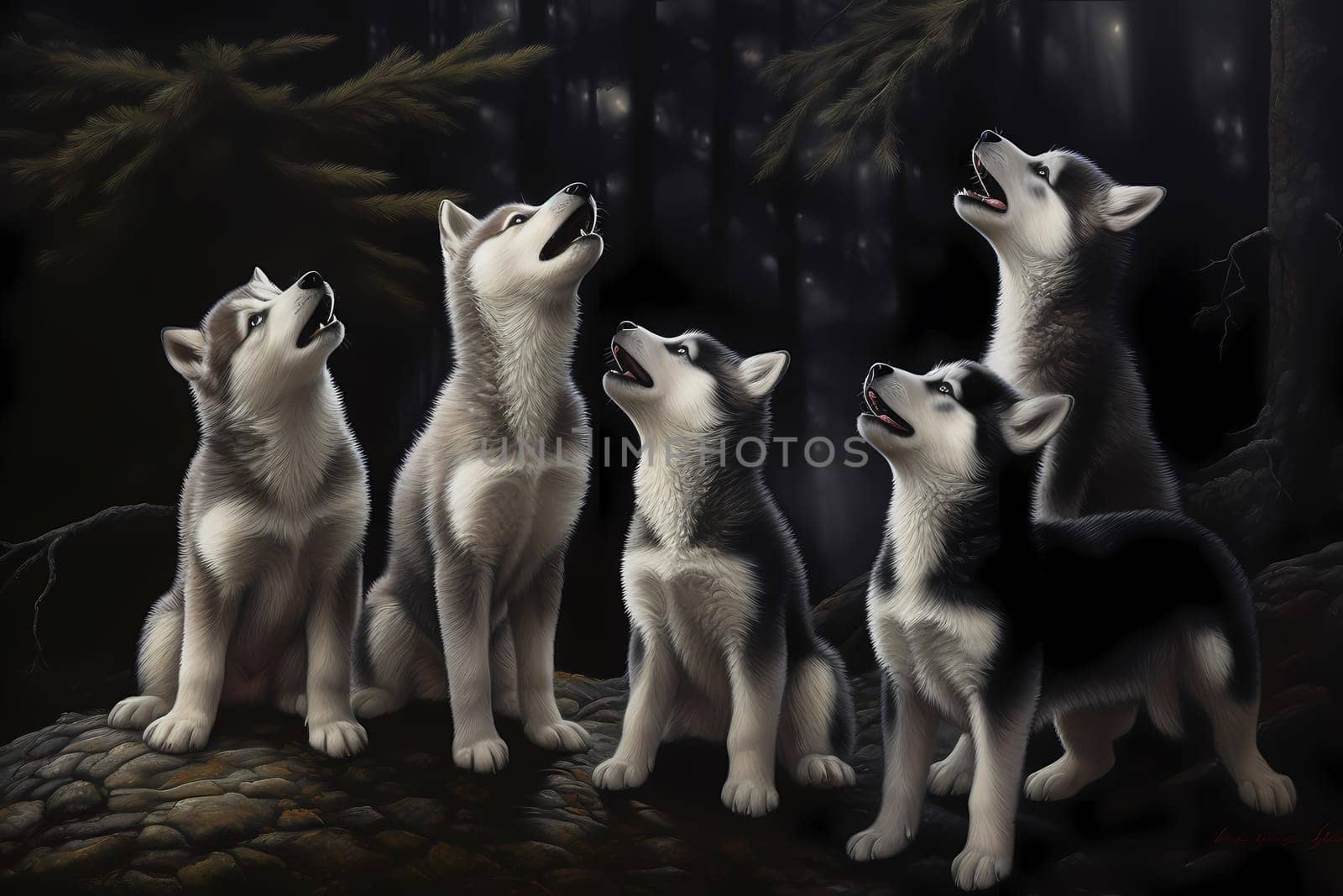 These husky puppies are channeling their inner wolves and howling at the moon in unison!