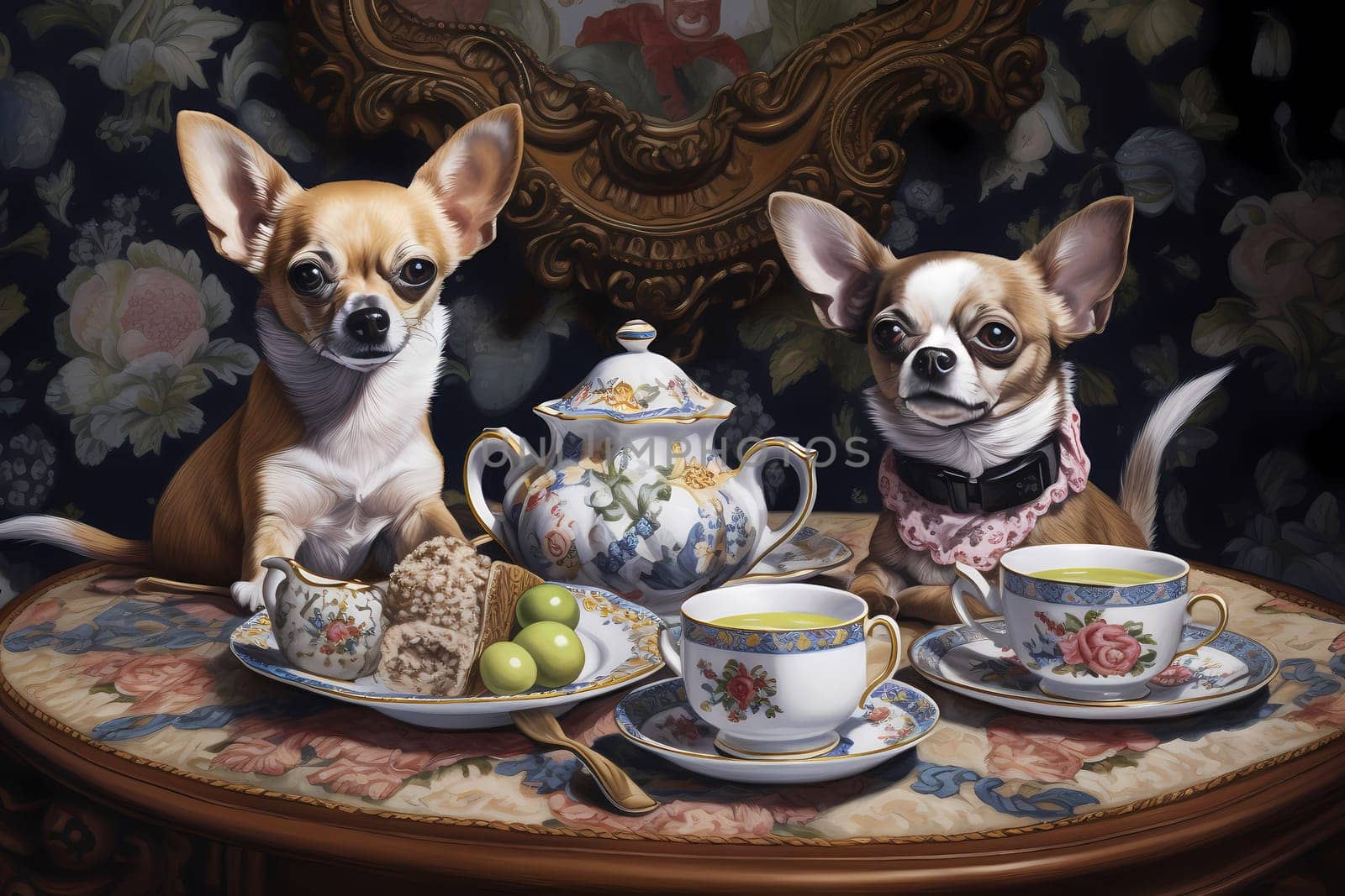 Decked out in their fanciest outfits, the chihuahuas sip tea and gossip like refined ladies of society.