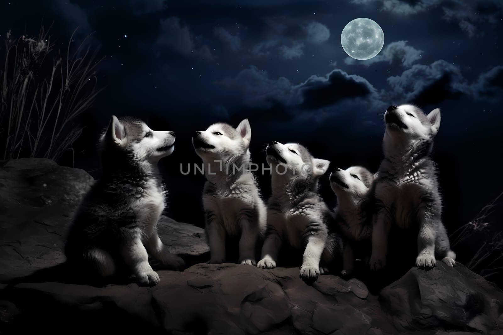 These husky puppies are channeling their inner wolves and howling at the moon in unison!