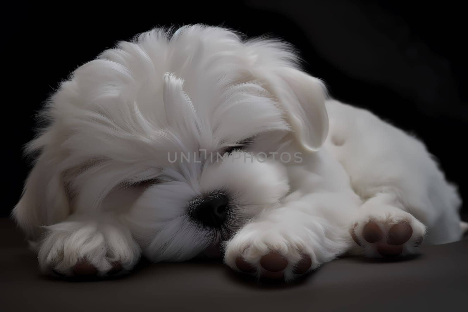 The Maltese puppy is cuddled up on a soft bed, fast asleep and dreaming happily.