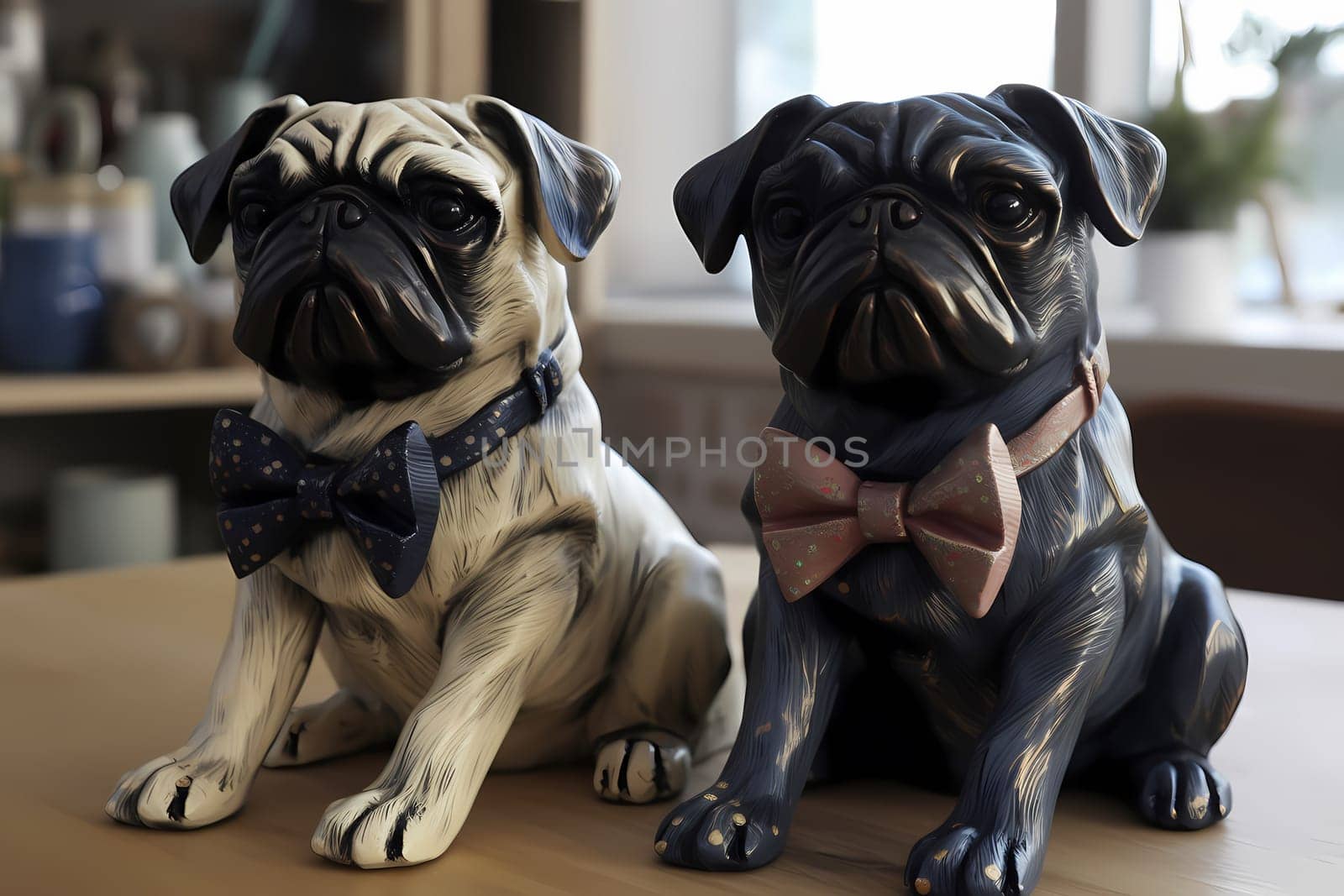 The pugs are wearing matching bowties, posing for the camera with their tongues out.