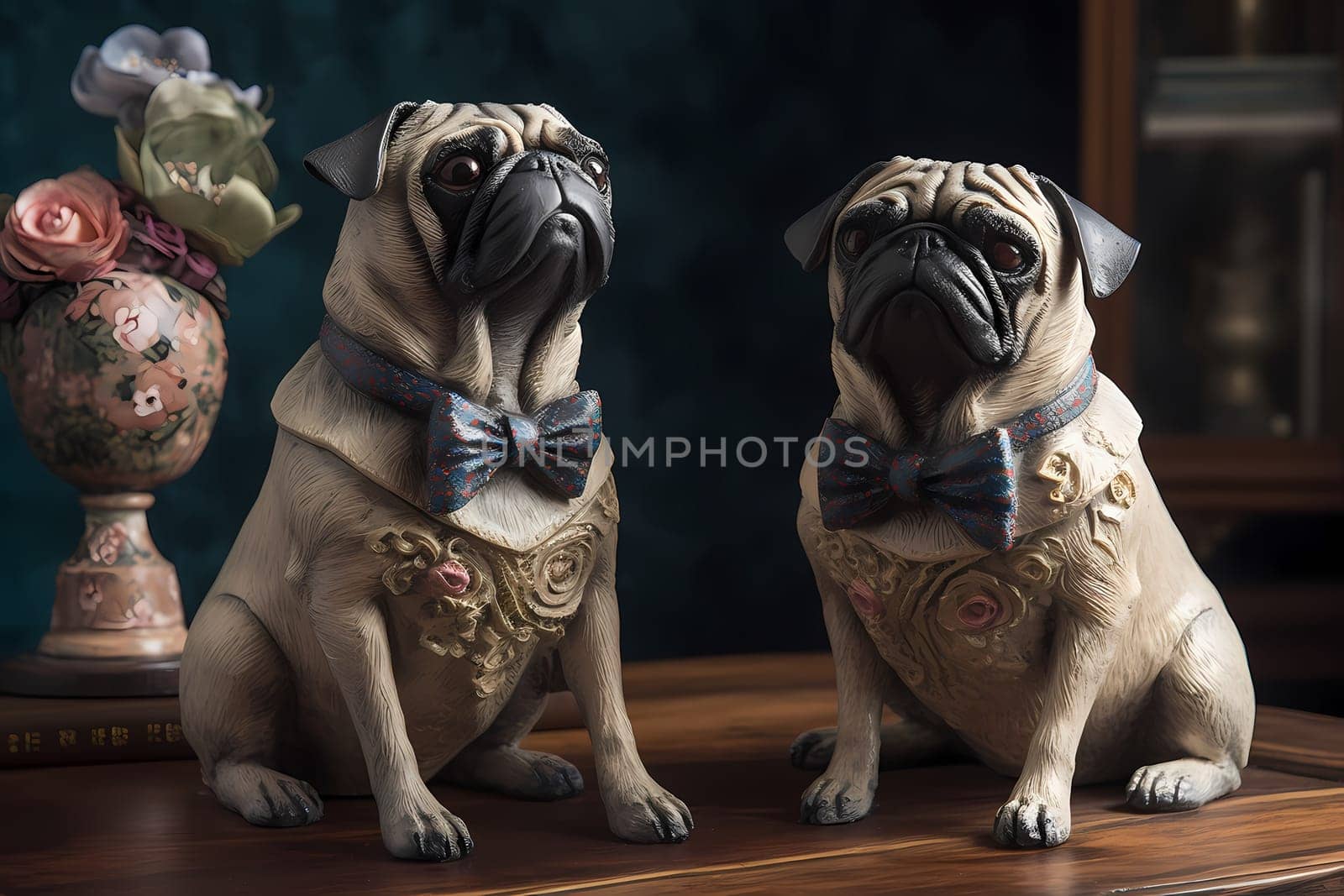 The pugs are wearing matching bowties, posing for the camera with their tongues out.