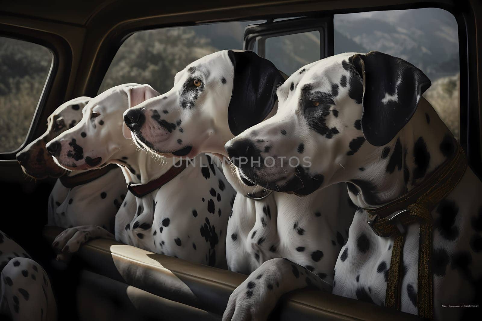 The dalmatians are hanging out the window and enjoying the wind in their fur while traveling with their family.