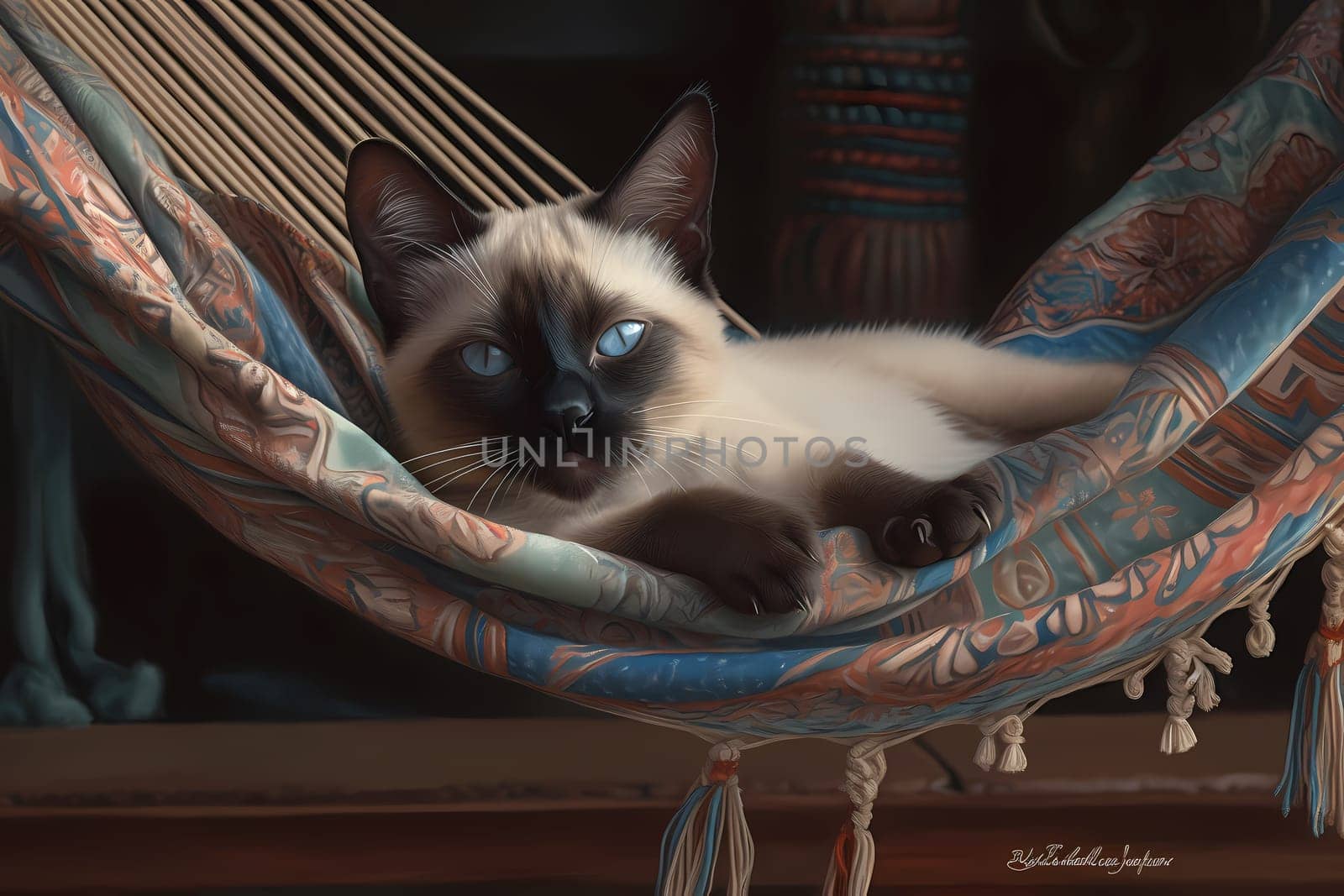 The Siamese kitten relaxes comfortably in the hammock, eyes half-closed and purring contentedly.