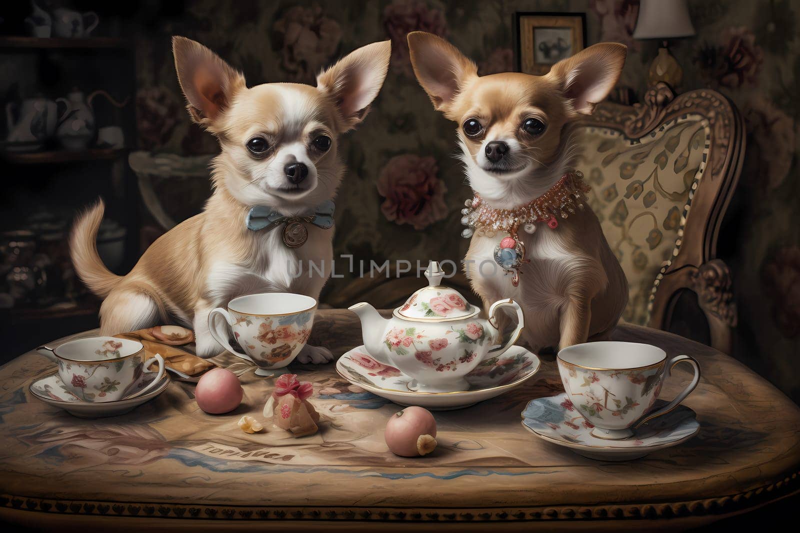 Decked out in their fanciest outfits, the chihuahuas sip tea and gossip like refined ladies of society.