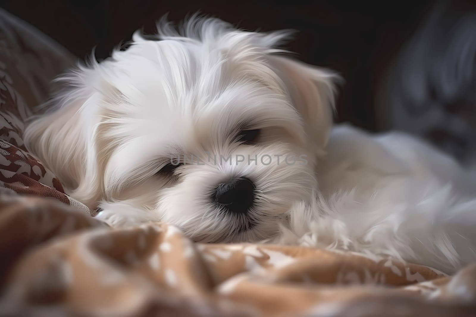 The Maltese puppy is cuddled up on a soft bed, fast asleep and dreaming happily.