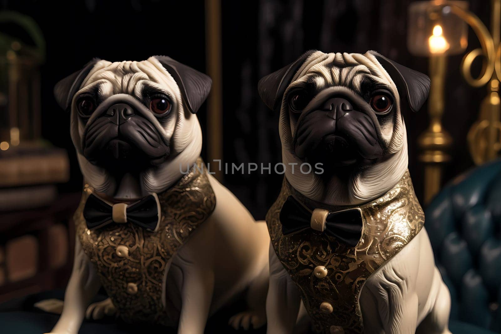The pugs are wearing matching bowties, posing for the camera with their tongues out.