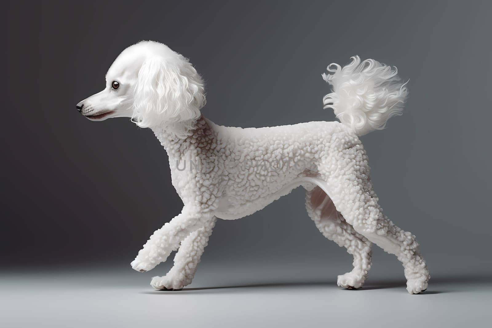 The poodle spins in circles, trying to catch its tail but to no avail.