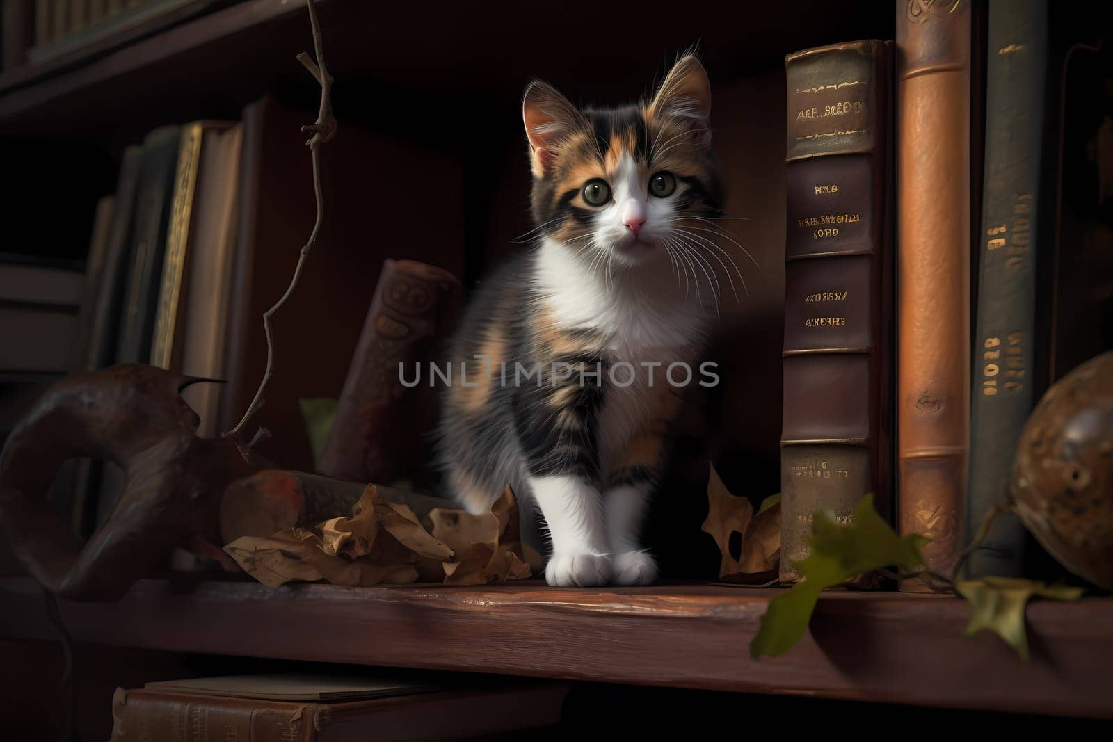 The fearless kitten is scaling the bookshelf with ease, meowing triumphantly from the top as she surveys her kingdom.