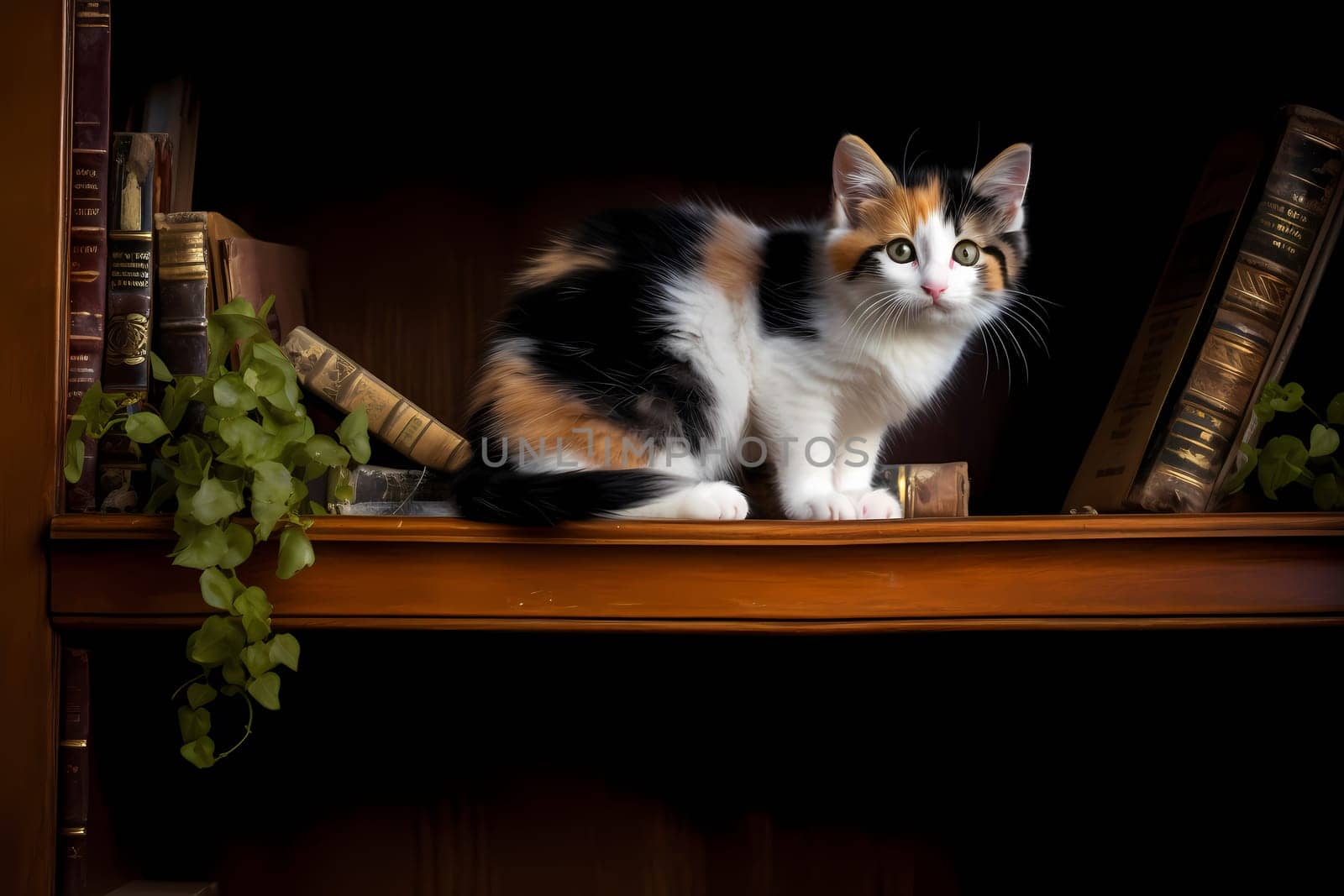The fearless kitten is scaling the bookshelf with ease, meowing triumphantly from the top as she surveys her kingdom.