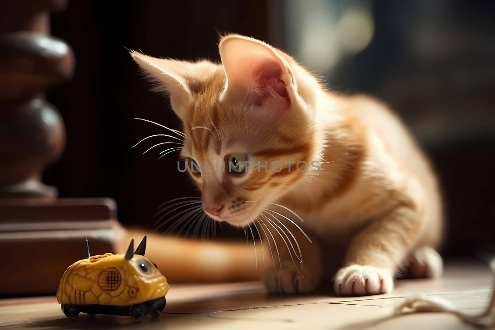 The curious orange kitten swats at the toy mouse, pouncing and chasing it around the room.