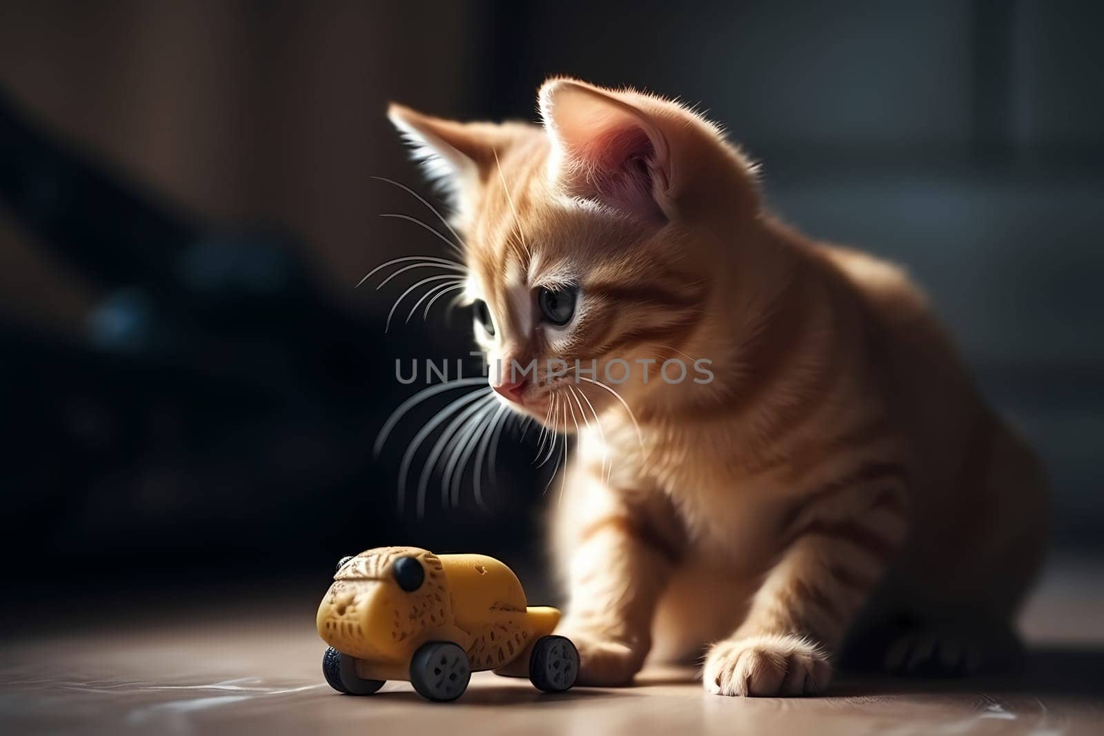 The curious orange kitten swats at the toy mouse, pouncing and chasing it around the room.