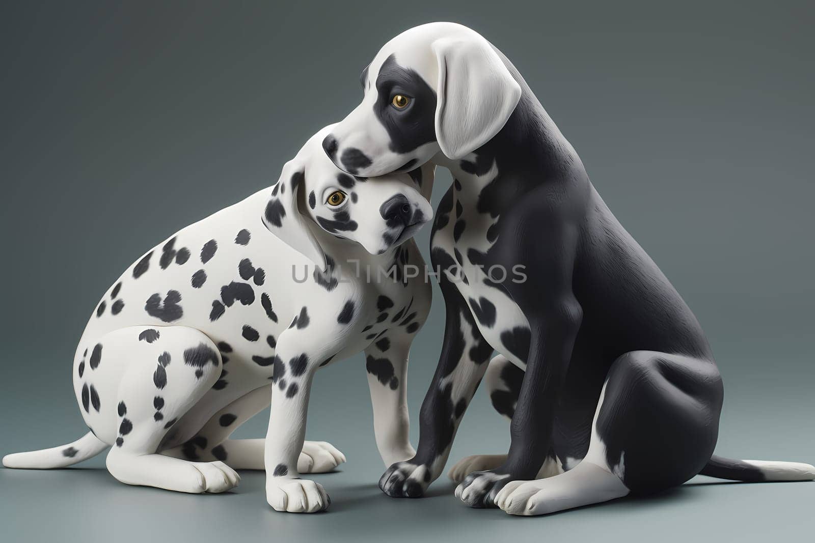 The two Dalmatian puppies are playfully biting and tumbling over each other.
