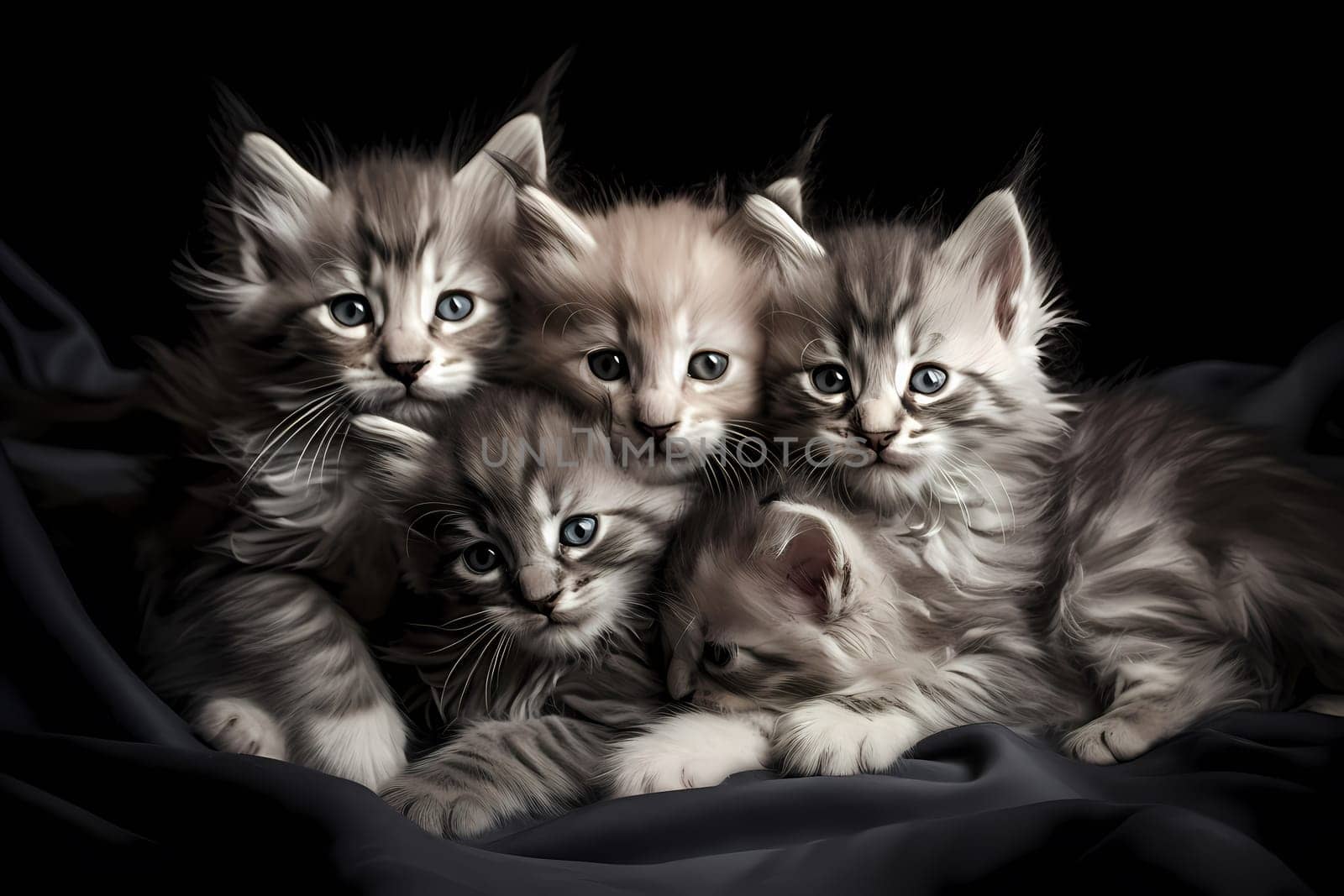 The five fluffy kittens are snuggled up together, fast asleep and looking adorable.