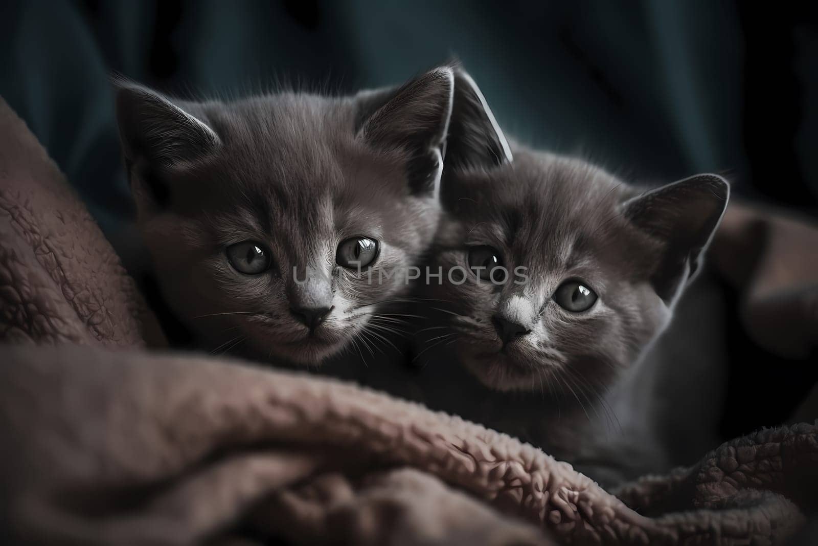 The adorable grey kittens are snuggling together on a warm and cozy blanket, enjoying each other's company.