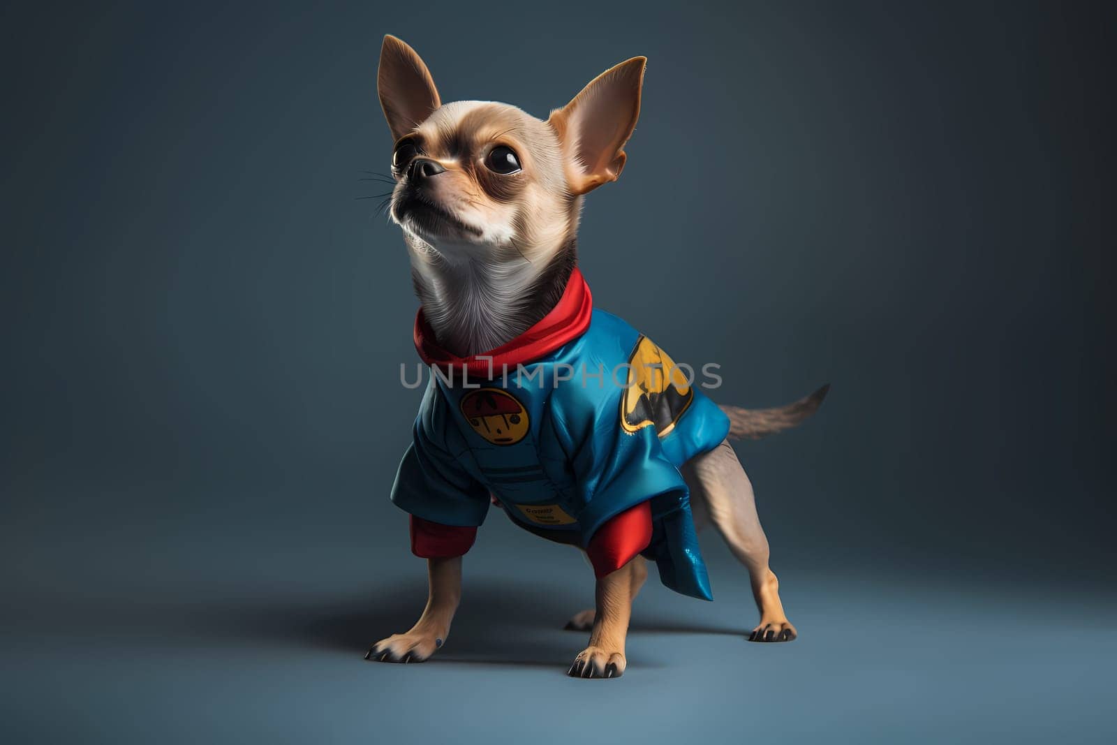 The chihuahua is dressed as a superhero, posing with its paws on its hips.