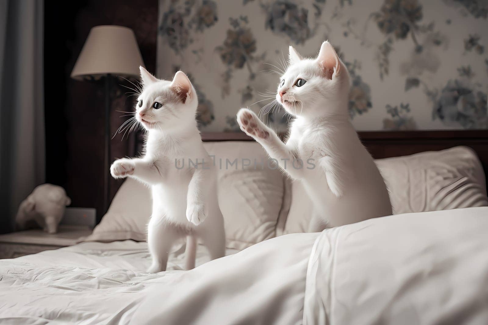 The playful kittens are bounding over the soft mattress, chasing each other in circles and jumping in sync.