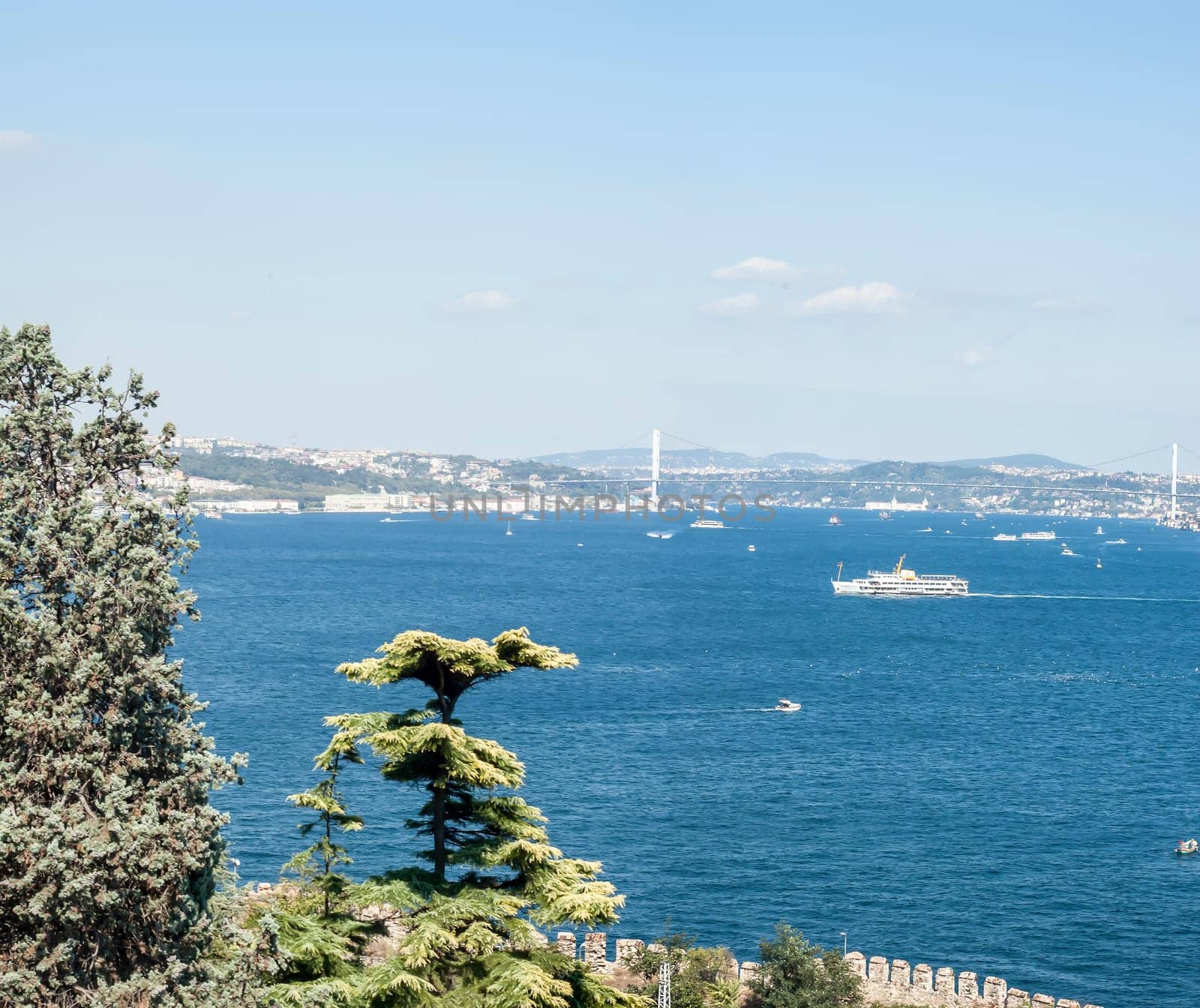 Panoramic view of the Bosphorus. The strait that connects the Black Sea to the Sea of Marmara and marks the boundary between the Europe and the Asia
