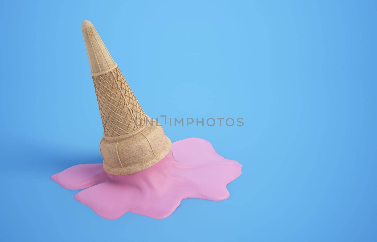Dropped ice cream. Pink melted ice cream on blue surface. 3D illustration.
