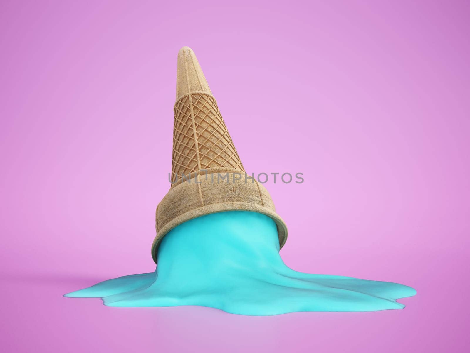 Dropped ice cream. Pink melted ice cream on blue surface. 3D illustration.