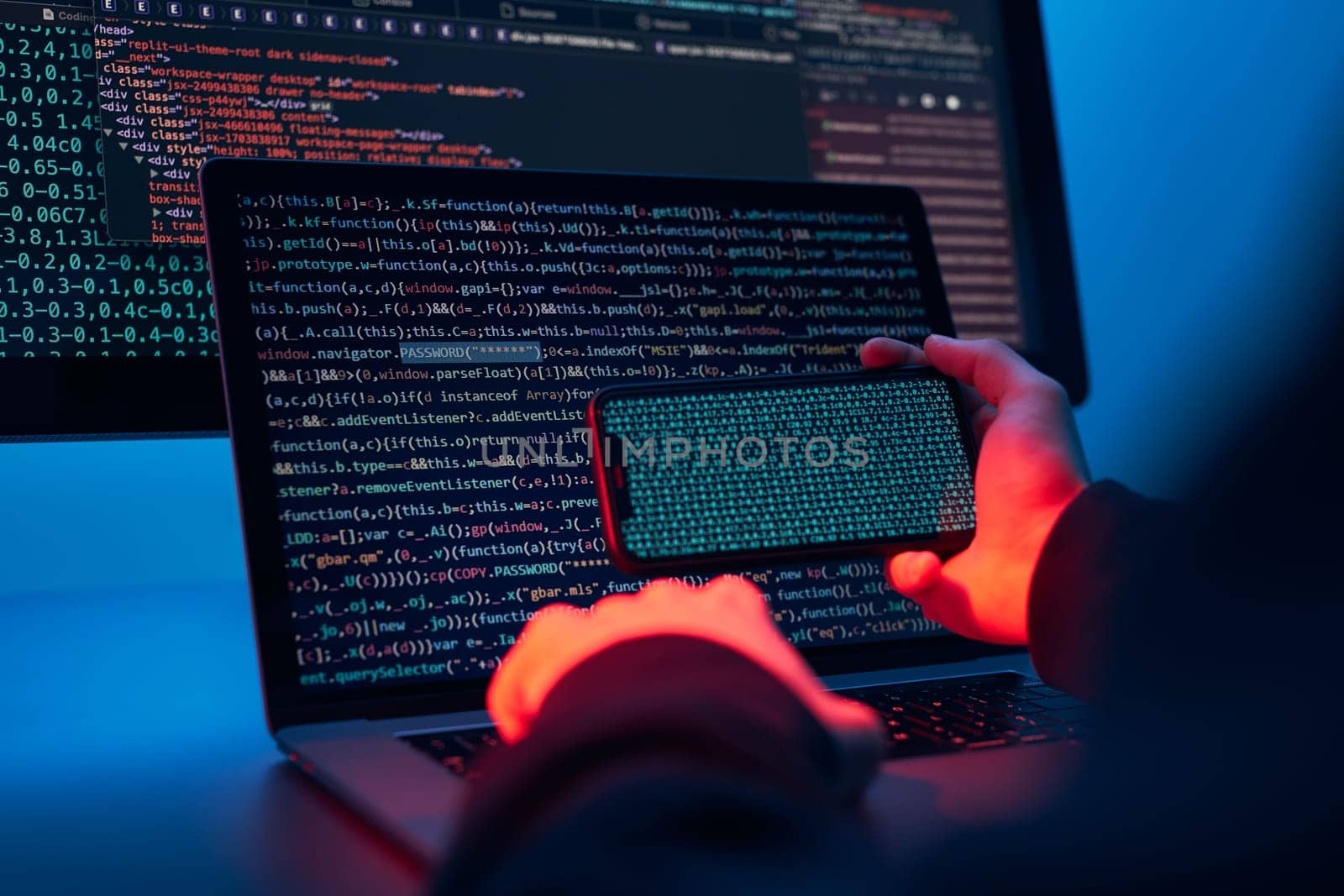 Man using computer and programming  to break code. Cyber security threat. Internet and network security. Stealing private information. Person using technology to steal password and private data. Cyber attack crime