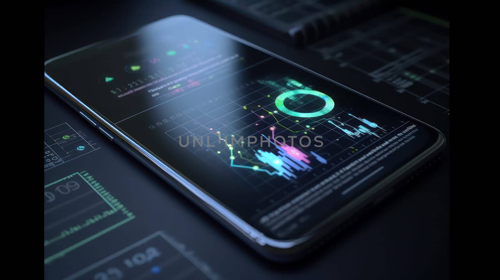 A photo showcasing the power of mobile technology in business analytics, with a holographic 3D graph projected from a smartphone. The image captures the concept of software development and the analysis of trends in the industry.