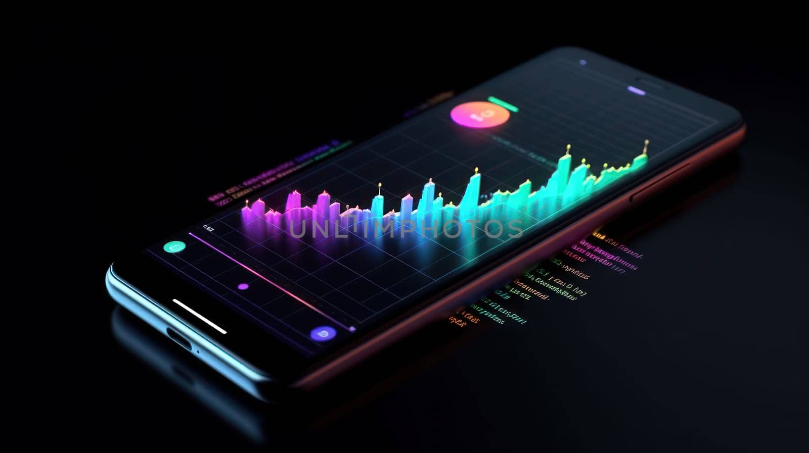 This photo showcases the power of mobile analytics with a colorful 3D business graph and analytics data displayed on an isometric mobile phone. The image portrays the concept of analyzing trends and the software development coding process, emphasizing the importance of programming and testing cross-platform code for mobile applications to enable companies to gain valuable insights into their businesses.