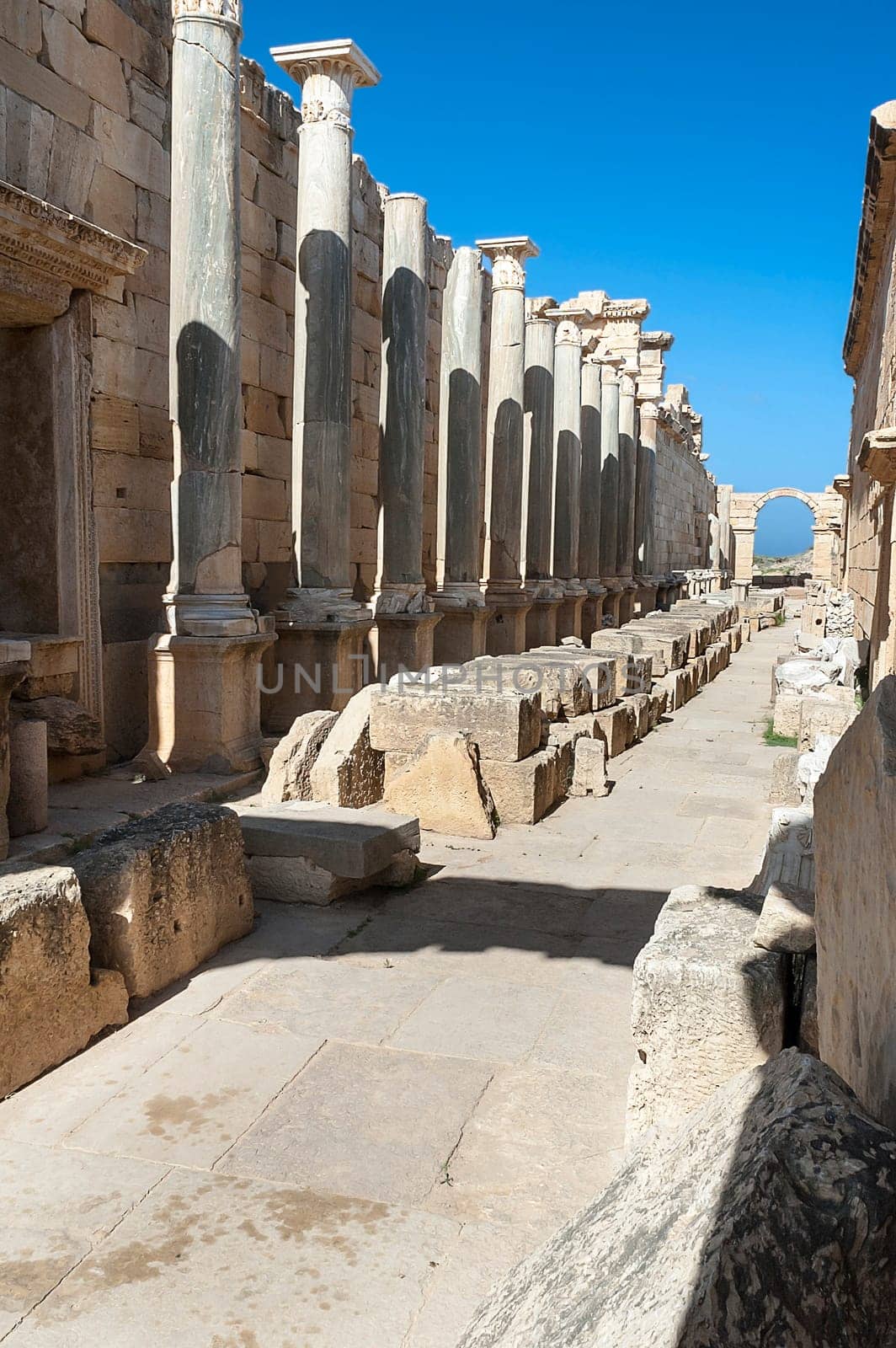 Archaeological site of Leptis Magna, Libya - 10/30/2006: The Basilica of Severe  in the ancient Roman city of Leptis Magna.