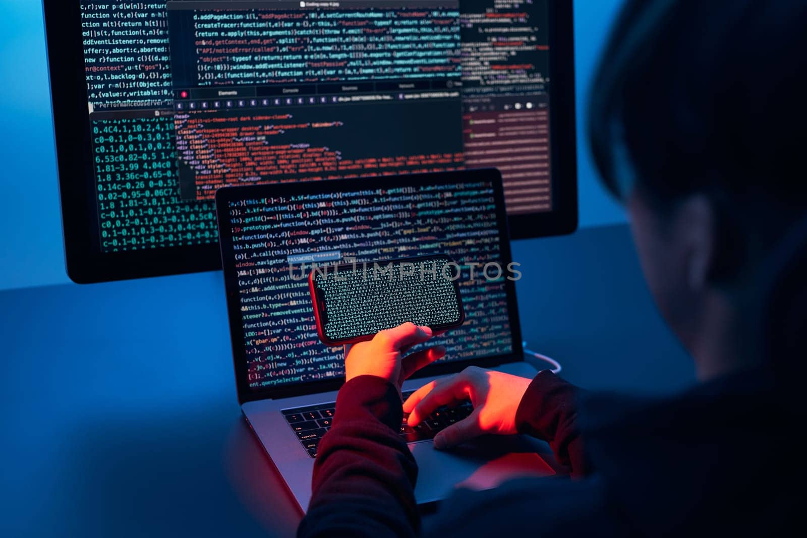 Man using computer and programming  to break code. Cyber security threat. Internet and network security. Stealing private information. Person using technology to steal password and private data. Cyber attack crime