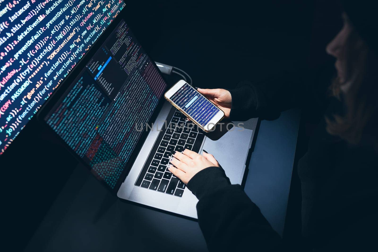 Cyber security threat. Young woman using computer and coding. Internet and network security. Stealing private information. Person using technology to steal password and private data. Cyber attack crime
